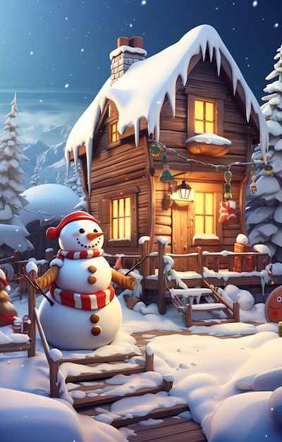 schneebedeckte Szene mit einem Schneemann und einem Haus im Hintergrund generative ai