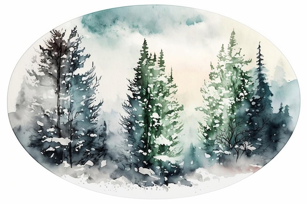 Schneebedeckte Tannenbäume in verschwommenem Waldhintergrund, ovale Aquarellszene, generative KI