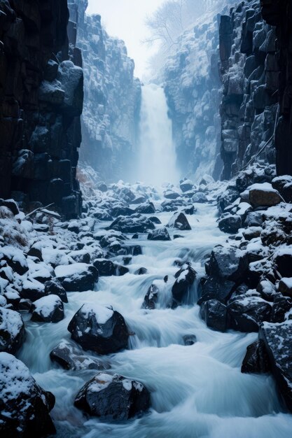 Schneebedeckte Wasserfall-Kletterszene im Hintergrund extremen Wetters mit leerem Platz für Text