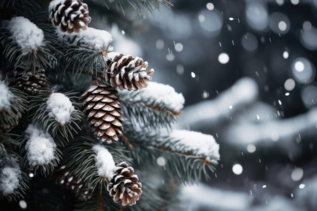 Foto schneebedeckte weihnachtsbaumzweige mit girlanden