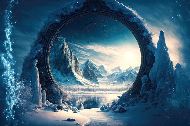 Schneebedeckte Winterlandschaft der Fantasie mit magischem Portal