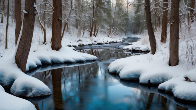 Schneebedeckte Winterszene an einem beruhigenden Fluss