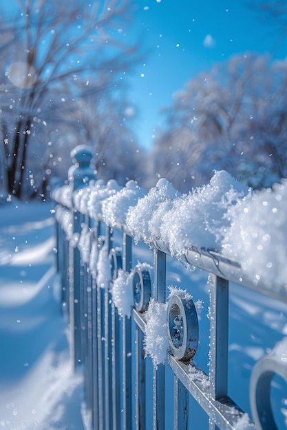 Schneebedeckte Zaun und Baumsilhouetten im Winterwunderland