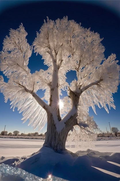 Schneebedeckter Baum, der auf einem schneebedeckten Feld sitzt Generative ai