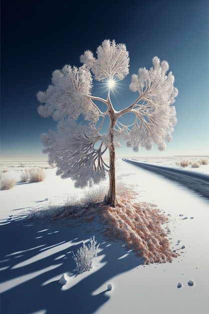 Schneebedeckter Baum, der auf einem schneebedeckten Feld sitzt Generative ai