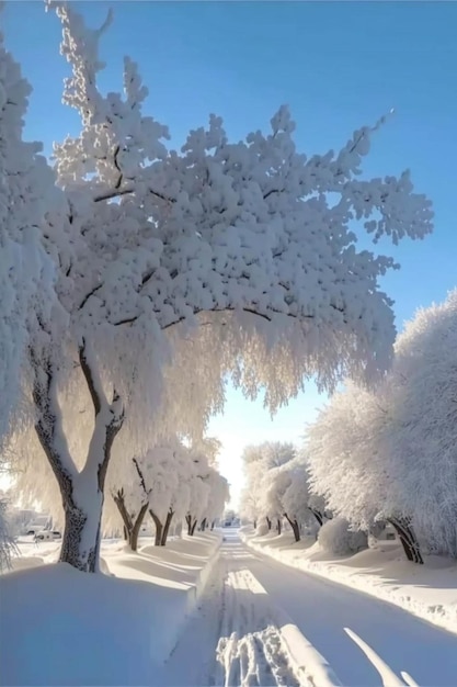 Schneebedeckter Baum neben einer generativen ai der Straße