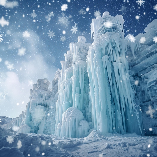 schneebedeckter Berg mit Eisschnitzeln und Schneeflocken im Vordergrund