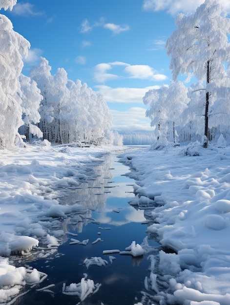 schneebedeckter Fluss mit Eis und mit Schnee bedeckten Bäumen im Hintergrund