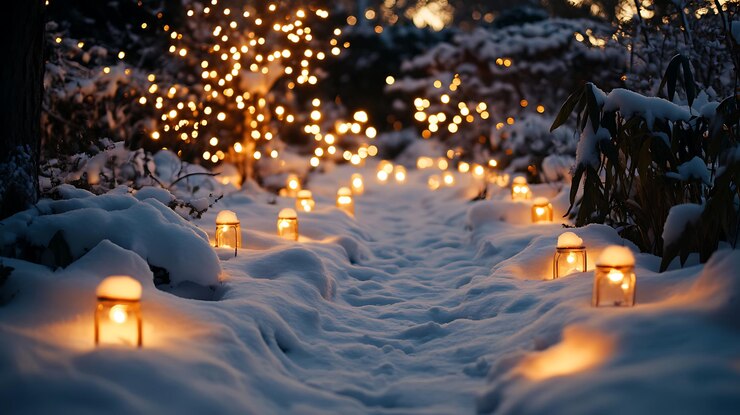 Foto schneebedeckter garten mit warmen leuchtenden feenlichtern