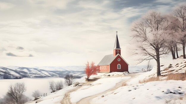 Schneebedeckter Hügel mit Kirche und Bäumen im Hintergrund