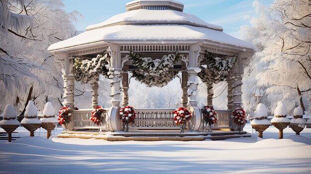 Schneebedeckter Parkpavillon mit festlicher Dekoration