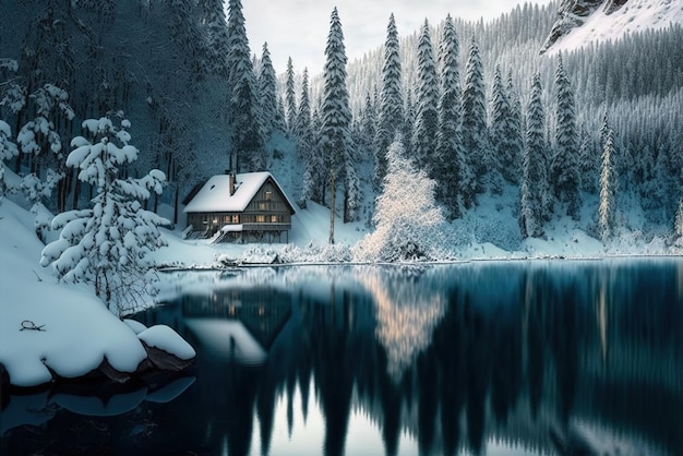 Schneebedeckter Wald in der Nähe eines Seehauses