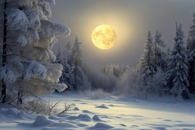 Schneebedeckter Wald unter Vollmond