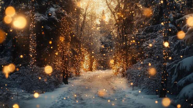 Foto schneebedeckter waldweg geschmückt mit goldenen lichtern