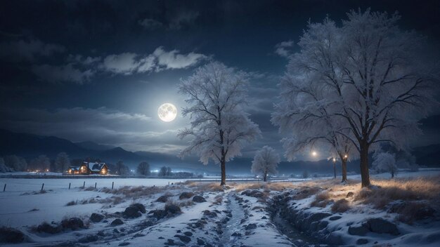 Foto schneebedeckter weihnachtshintergrund mit nächtlicher winterlandschaft