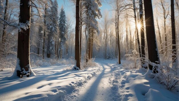 Schneebedeckter Winterwaldpfad bei Sonnenaufgang