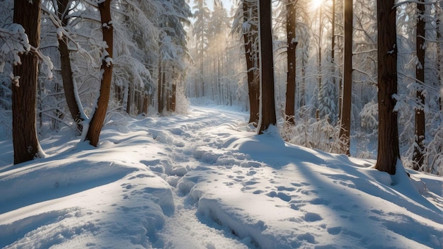 Schneebedeckter Winterwaldpfad bei Sonnenaufgang