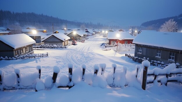 Foto schneebedecktes dorf mit einem zaun und einer reihe von häusern