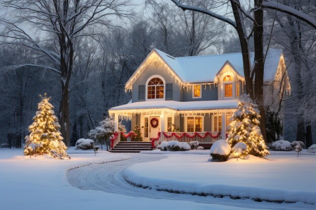 schneebedecktes Haus, das mit festlichem Dekor und Girlanden für Weihnachten geschmückt ist