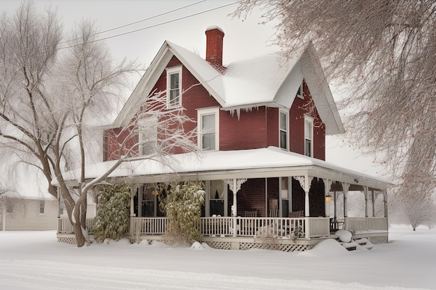 Schneebedecktes Haus im Winter mit Bäumen und Schneeverwehungen auf dem Dach