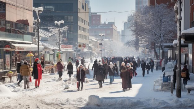 Schneebedruckter Mittag in städtischen Gebieten voller Menschen