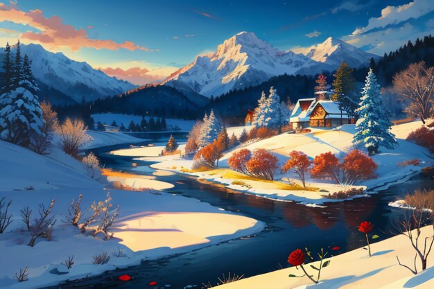 Schneeberg, Fluss, Wald, Blauer Himmel, Schöne Natur, Landschaft, Tapeten, Illustrationen, Hintergrund