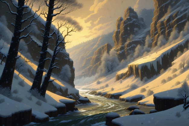 Schneeberg mit Fluss realistische Illustration Landschaft generative KI