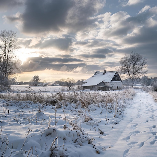 Schneefall auf dem Land Schneebedecktes Feld mit Haus in der Ferne