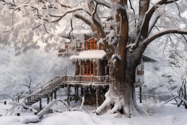 Schneefall bedeckt sanft das Baumhaus und die umliegenden Äste, die mit generativer KI erstellt wurden