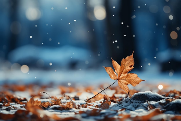 Schneefall erweicht die verblassten Blätter, die über einen Waldboden verstreut sind