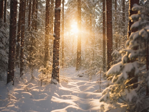 Schneefall im Nadelwald in der Nähe Abendsonnenstrahlen durch die Bäume in der Nähe