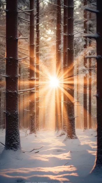 Schneefall im Nadelwald in der Nähe von morgendlichen Sonnenstrahlen, die durch Bäume brechen