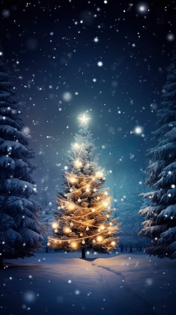 Schneefall im Winter schöner Wald in der Nacht Weihnachtsbaum mit vielen Spielsachen und Lichtern geschmückt