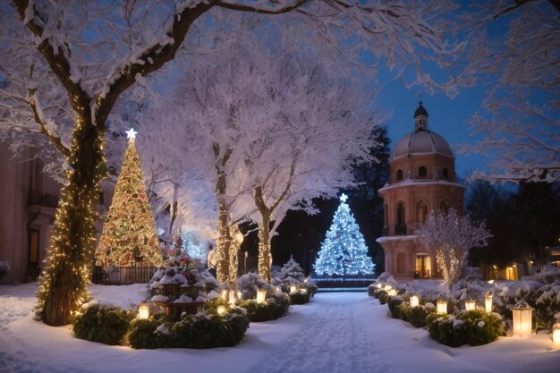 Schneefall in einem Winterpark in der Nacht mit Weihnachten