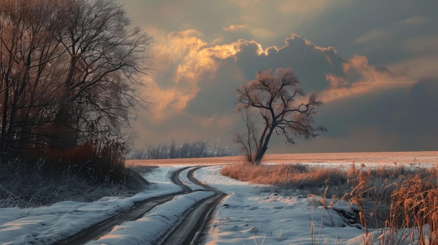 Schneefelder Der letzte Schnee auf der Schotterstraße in der ländlichen Landschaft unter dem Abendhimmel