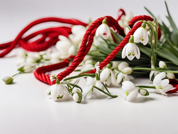 Schneeflecken auf weißem Hintergrund mit rot-weißem Seil-Martisor