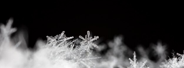 Schneeflocke auf natürlicher Schneewehe hautnah Weihnachten und Winter Hintergrund