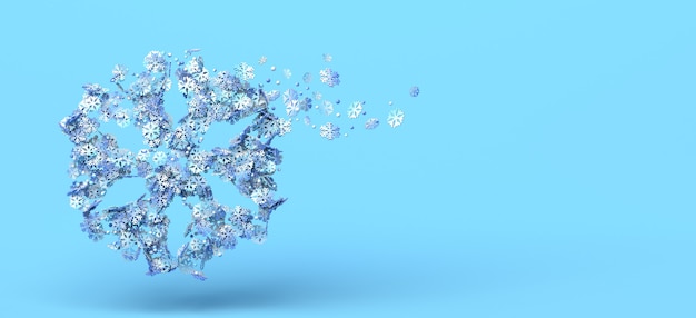 Schneeflocke, die sich in Winterschneeflocken zersetzt. Platz kopieren. 3D-Darstellung.