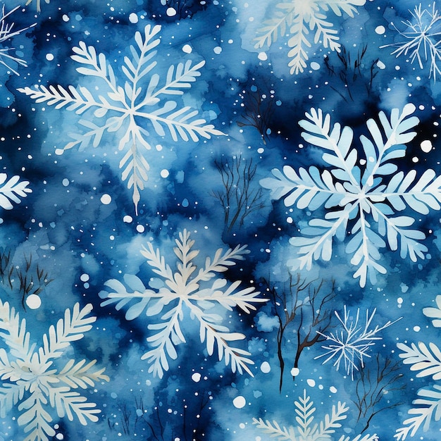 Schneeflocken auf dem blauen in Aquarell-Stil nahtloses Muster erstellt mit generativer KI