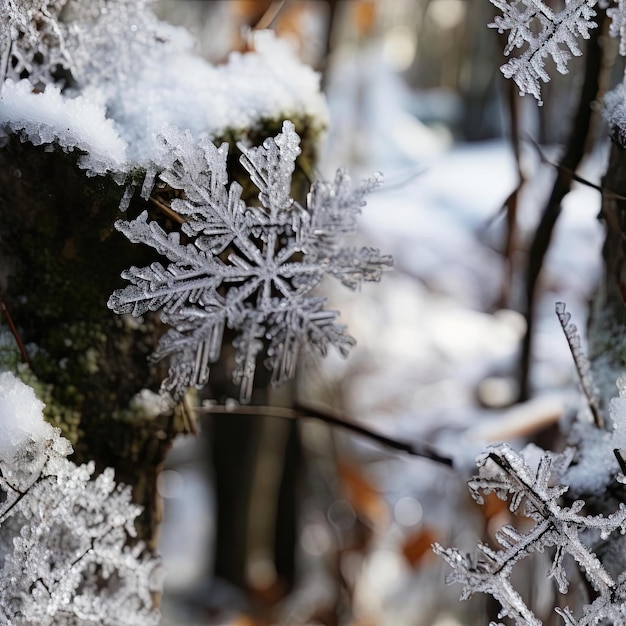 Schneeflocken auf Zweigen mit gefliestem Winterlaub