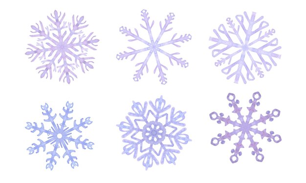 Schneeflocken-Banner, blau-lila Frostkristalle, Symbol für kaltes Winterwetter, Neujahrs- und Weihnachtsfeiertagskarte, handgezeichnete Aquarell-Illustration isoliert auf weißem Hintergrund