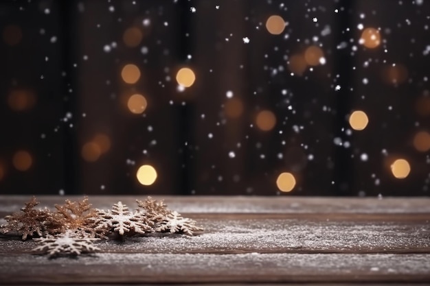 Schneeflocken fallen auf einen Holztisch