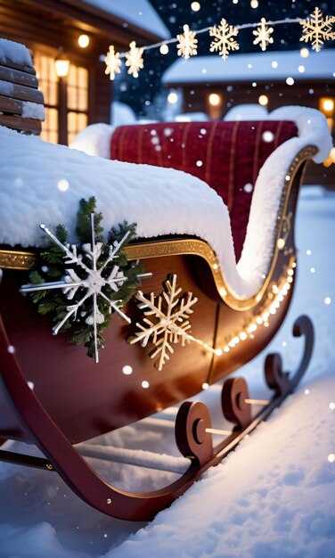 Schneeflocken fallen auf einen schneebedeckten Schlitten, geschmückt mit funkelnden Lichtern, aufgenommen in der Nacht