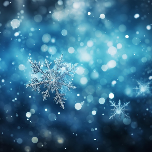 Schneeflocken fallen vom Himmel in einem blauen Hintergrund generativ ai