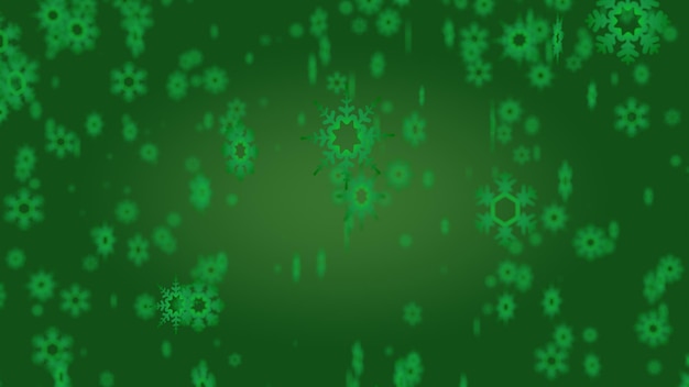Schneeflocken mit gemischtem grünem Farbverlauf fallen mit grünem Farbverlaufshintergrund (3D-Rendering)