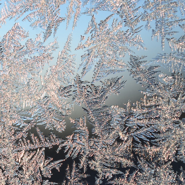 Schneeflockenfrost-Raureifmakro auf Fensterglas