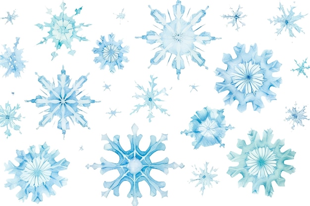 Schneeflockenmuster, Weihnachts- und Neujahrsthema im Aquarell-Stil, isoliert auf Weiß
