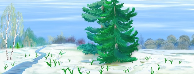 Schneeglöckchen in der Winterwaldillustration