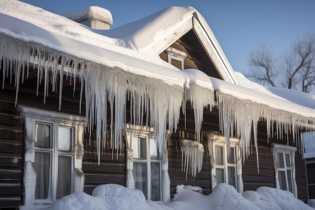 Schneehaufen mit Eiszapfen, die vom Dach hängen, und Fenster, die mit generativer KI erstellt wurden