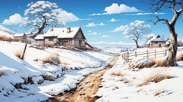 Schneelandschaft des Dorfes im Winter mit Kiefernwald und Hügeln im Hintergrund Zeichnung und Malerei